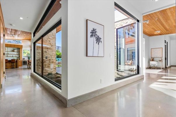 Empty room, Interior, Recessed Lighting, Stone Walls, Wooden Ceilings