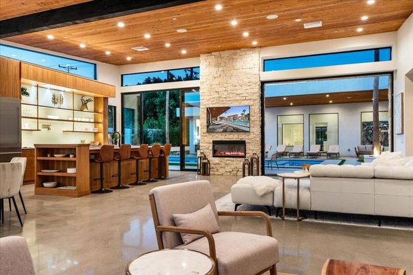 Fireplace, Interior, Living room, Recessed Lighting, Stone Walls, Wooden Beams, Wooden Ceilings