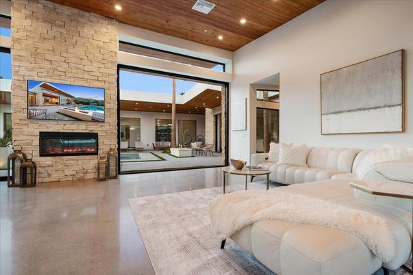Fireplace, Interior, Living room, Recessed Lighting, Stone Walls, Wooden Ceilings