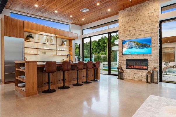 Fireplace, Interior, Recessed Lighting, Stone Walls, Wooden Ceilings