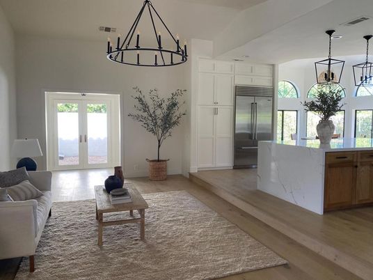 Chandelier, Interior, Kitchen, Pendant Lights, Stainless Steel Appliances, Wood Texture Flooring