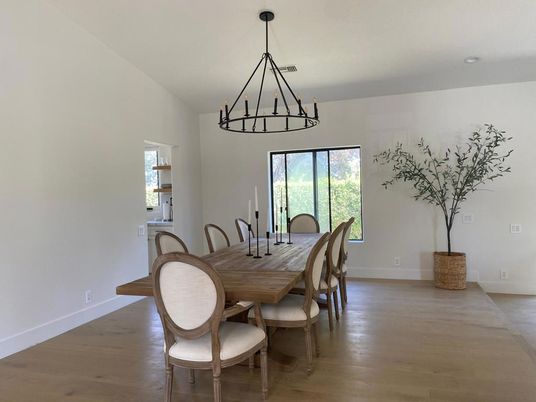 Chandelier, Dining room, Interior, Wood Texture Flooring