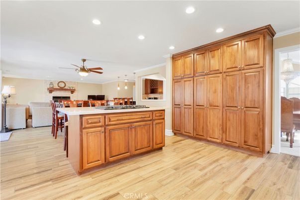 Dining room, Fireplace, Interior, Kitchen, Pendant Lights, Recessed Lighting, Wood Texture Flooring