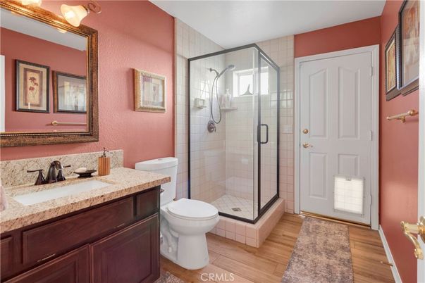 Bathroom, Glass Shower, Interior, Wood Texture Flooring
