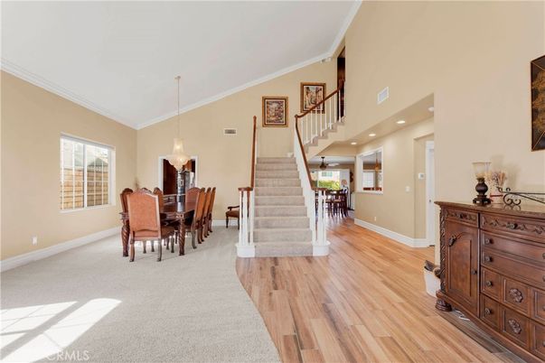 Dining room, Interior, Pendant Lights, Recessed Lighting, Wood Texture Flooring