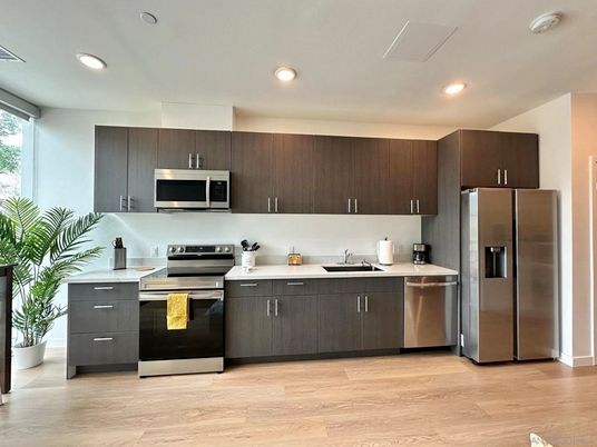 Interior, Kitchen, Recessed Lighting, Stainless Steel Appliances, Wood Texture Flooring