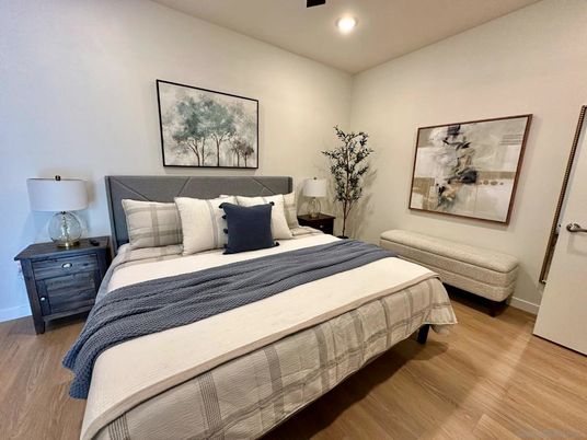 Bedroom, Interior, Recessed Lighting, Wood Texture Flooring