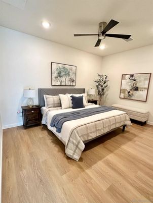 Bedroom, Interior, Recessed Lighting, Wood Texture Flooring