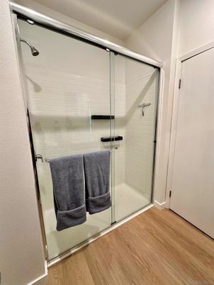 Bathroom, Glass Shower, Interior, Wood Texture Flooring