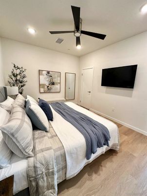 Bedroom, Interior, Recessed Lighting, Wood Texture Flooring