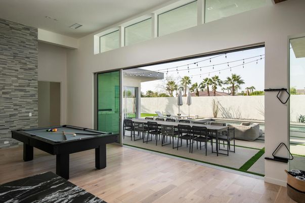 Billiard Table, Game Room, Interior, Stone Walls, Wood Texture Flooring
