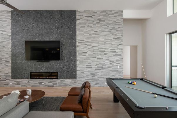 Billiard Table, Fireplace, Game Room, Interior, Living room, Stone Walls, Wood Texture Flooring