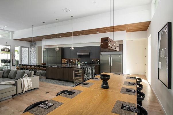 Interior, Kitchen, Living room, Pendant Lights, Recessed Lighting, Stainless Steel Appliances, Wood Texture Flooring