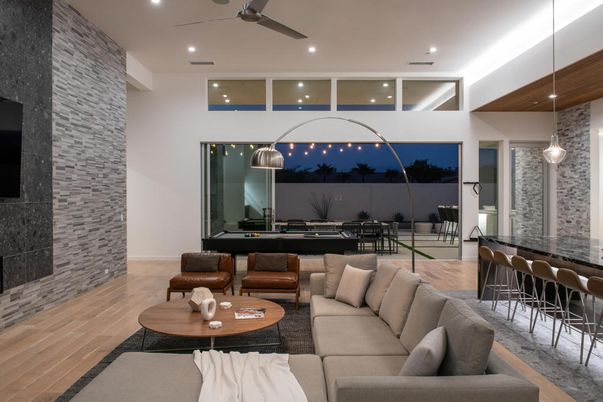 Interior, Living room, Pendant Lights, Recessed Lighting, Stone Walls, Wood Texture Flooring