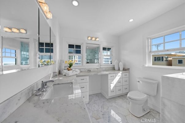 Bathroom, Dual Sink Vanities, Interior, Marble, Recessed Lighting