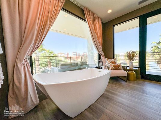 Bathroom, Free Standing Baths, Interior, Recessed Lighting, Wood Texture Flooring
