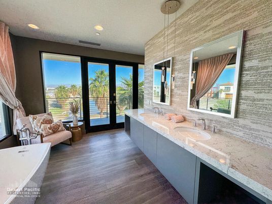 Bathroom, Dual Sink Vanities, Interior, Pendant Lights, Recessed Lighting, Wood Texture Flooring