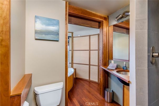 Bathroom, Glass Shower, Interior, Wood Texture Flooring