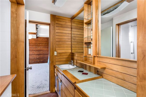 Bathroom, Interior, Tile Countertops, Wooden Walls