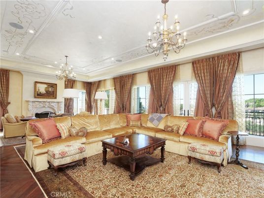Chandelier, Fireplace, Interior, Living room, Recessed Lighting, Wood Texture Flooring
