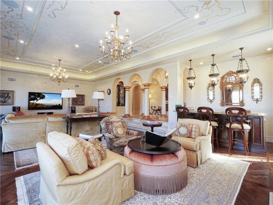 Chandelier, Dining room, Interior, Living room, Pendant Lights, Recessed Lighting, Wood Texture Flooring