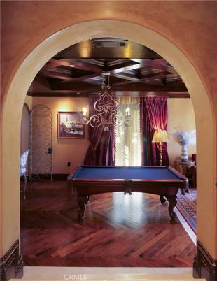 Billiard Table, Chandelier, Game Room, Interior, Wood Texture Flooring
