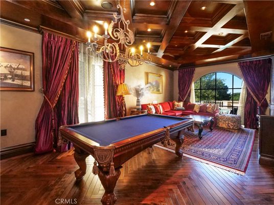 Billiard Table, Chandelier, Game Room, Interior, Recessed Lighting, Wooden Beams, Wood Texture Flooring