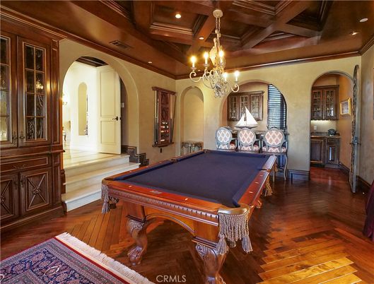 Billiard Table, Chandelier, Game Room, Interior, Recessed Lighting, Wooden Beams, Wooden Ceilings, Wood Texture Flooring
