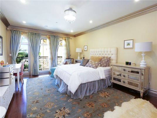 Bedroom, Chandelier, Interior, Recessed Lighting, Wood Texture Flooring