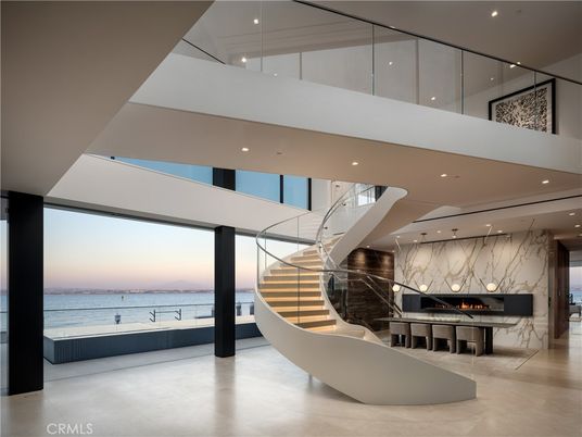 Fireplace, Interior, Marble Walls, Recessed Lighting, Water