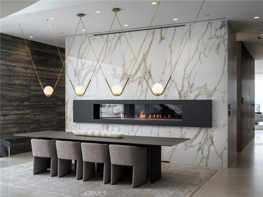 Fireplace, Interior, Marble Walls, Pendant Lights, Recessed Lighting