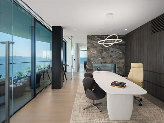 Fireplace, Home Office, Interior, Pendant Lights, Recessed Lighting, Water, Wood Texture Flooring