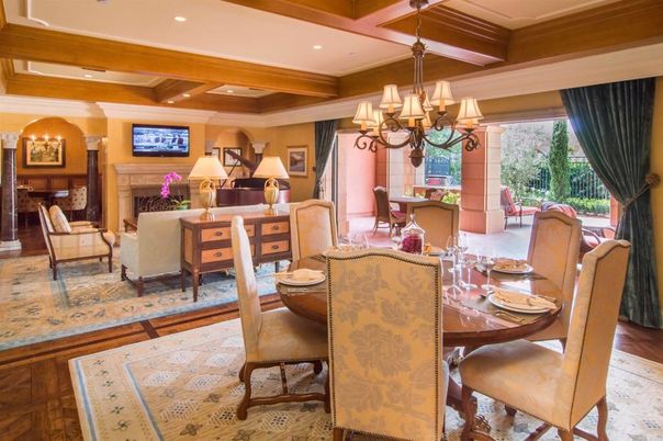 Chandelier, Dining room, Fireplace, Interior, Living room, Recessed Lighting, Wooden Beams, Wood Texture Flooring