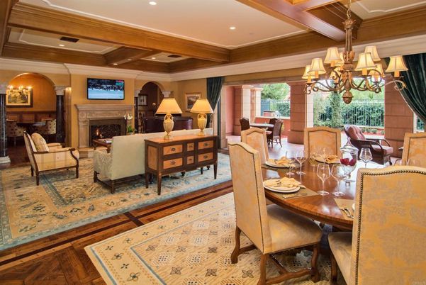 Chandelier, Dining room, Fireplace, Interior, Living room, Recessed Lighting, Wooden Beams, Wood Texture Flooring