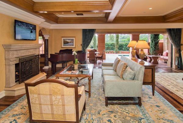Fireplace, Interior, Living room, Piano, Recessed Lighting, Wooden Beams, Wood Texture Flooring