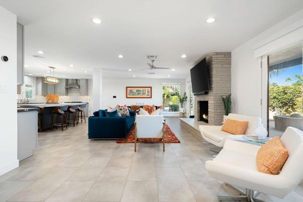 Fireplace, Interior, Kitchen, Living room, Pendant Lights, Recessed Lighting