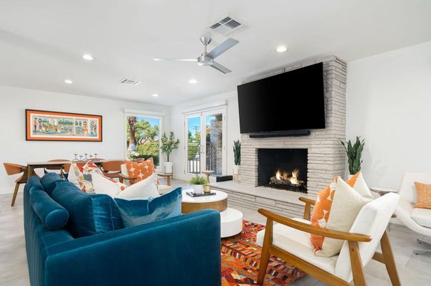 Dining room, Fireplace, Interior, Living room, Recessed Lighting, Stone Walls