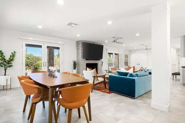 Dining room, Fireplace, Interior, Living room, Recessed Lighting