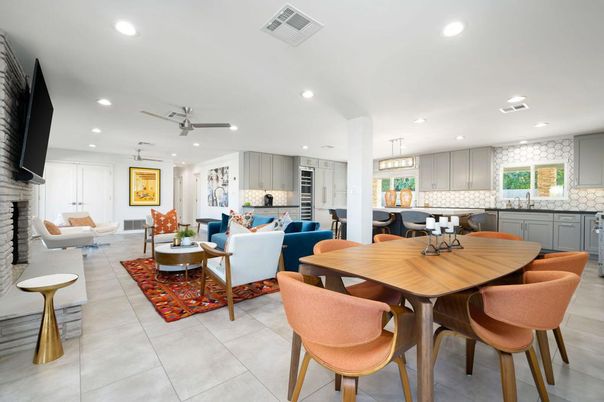 Dining room, Fireplace, Interior, Kitchen, Living room, Pendant Lights, Recessed Lighting, Stainless Steel Appliances