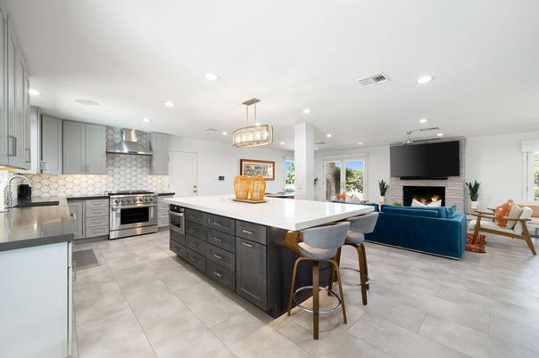 Fireplace, Interior, Kitchen, Living room, Pendant Lights, Recessed Lighting, Stainless Steel Appliances