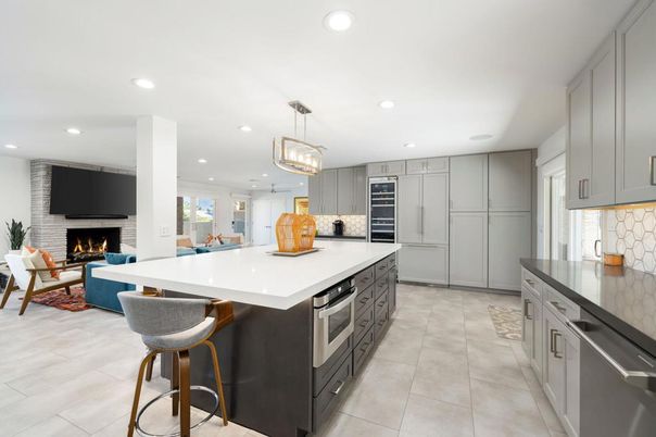 Fireplace, Interior, Kitchen, Living room, Pendant Lights, Recessed Lighting, Stainless Steel Appliances