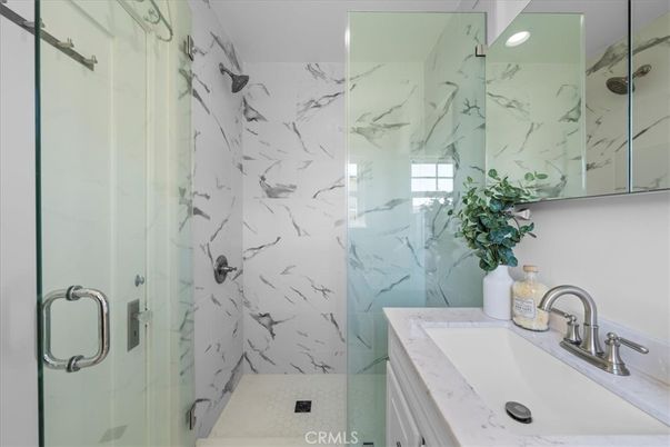 Bathroom, Glass Shower, Interior, Marble Walls, Recessed Lighting