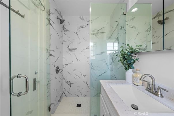 Bathroom, Glass Shower, Interior, Marble Walls, Recessed Lighting
