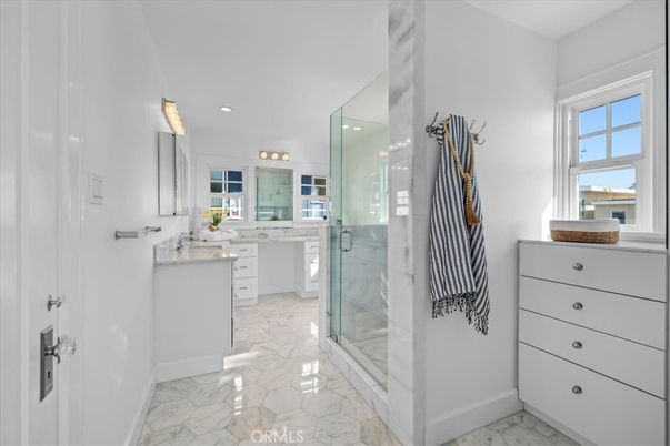 Bathroom, Dual Sink Vanities, Glass Shower, Interior, Marble, Recessed Lighting