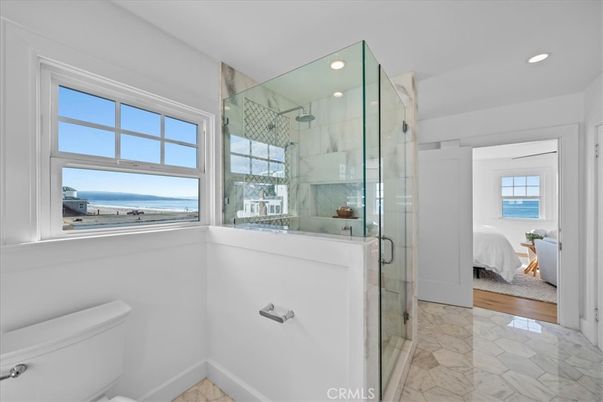 Bathroom, Bedroom, Glass Shower, Interior, Marble, Marble Walls, Recessed Lighting, Water, Wood Texture Flooring