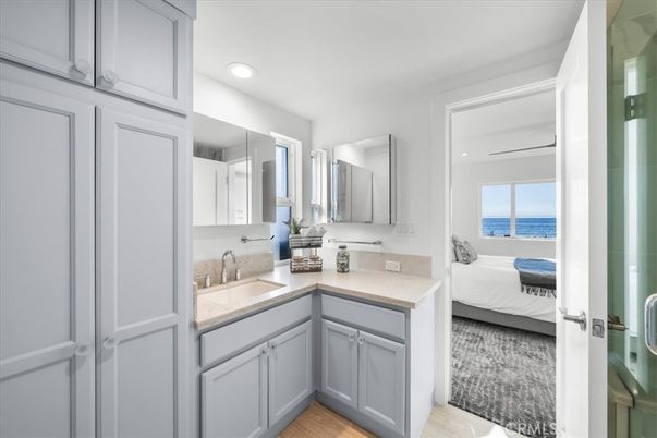 Bathroom, Bedroom, Dual Sink Vanities, Interior, Recessed Lighting, Water, Wood Texture Flooring