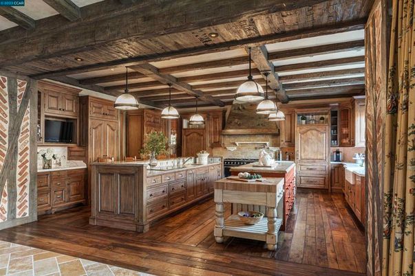 Interior, Kitchen, Pendant Lights, Stainless Steel Appliances, Wooden Beams, Wood Texture Flooring
