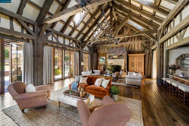 Chandelier, Fireplace, Interior, Living room, Wooden Beams, Wood Texture Flooring