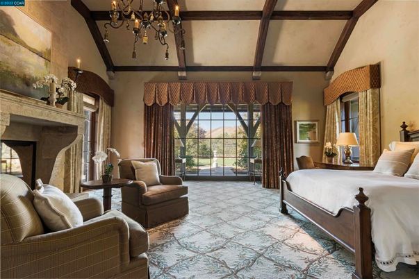 Bedroom, Chandelier, Fireplace, Interior, Wooden Beams