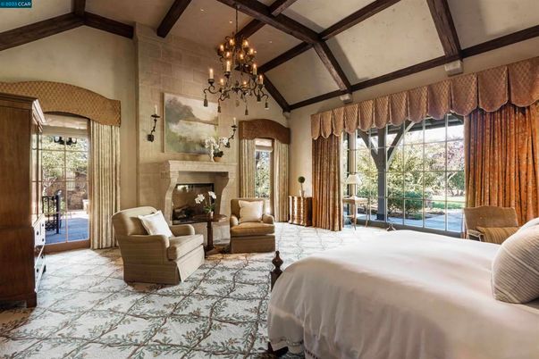 Bedroom, Chandelier, Fireplace, Interior, Recessed Lighting, Wooden Beams